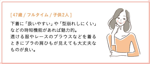 [47歳/フルタイム/子供2人]下着に「扱いやすい」や「型崩れしにくい」などの時短機能があれば魅力的。透ける服やレースのブラウスなどを着るときにブラの肩ひもが見えても大丈夫なものが良い。